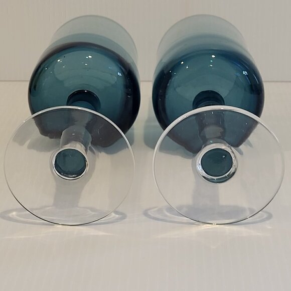 Pier 1 Goblet Blue Water 12 Oz Double Dip Mouth Blown MCM Style Wine Glass Pair - Picture 10 of 12